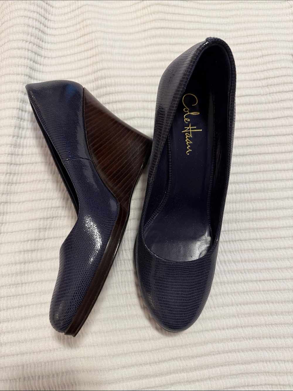 Cole Haan Navy Lizard-Texture Wedge Pumps